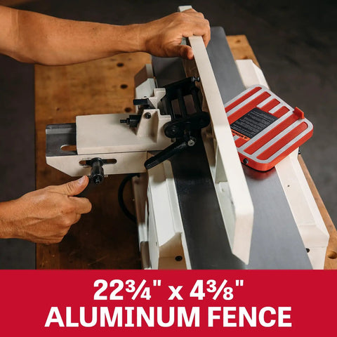 Heavy Six Inch Benchtop Jointer with aluminum fence showing adjustable features for precision woodworking.