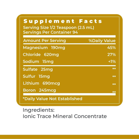 Supplement facts label for PH Minerals Trace Mineral Drops For Water, including serving size, ingredients, and mineral content.