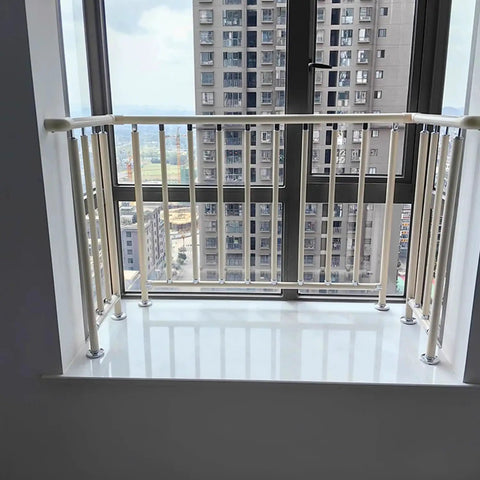 No Drills No Drama Drill Free Balcony Guardrail with alloy frame at a high-rise window, providing safety for apartments.