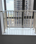 Rock Solid White Mezzanine Railing Guard With Zero Fuss Tool Free Window Mount For Balconies Decks Stairs Heavy Duty Aluminum Steel Security Barrier Quick Setup shown in high-rise window.