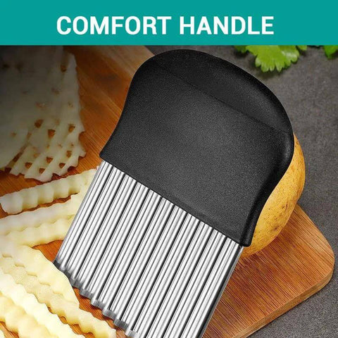 Crinkle cutter with stainless steel wavy blade and black ergonomic handle; potato fries slicer.