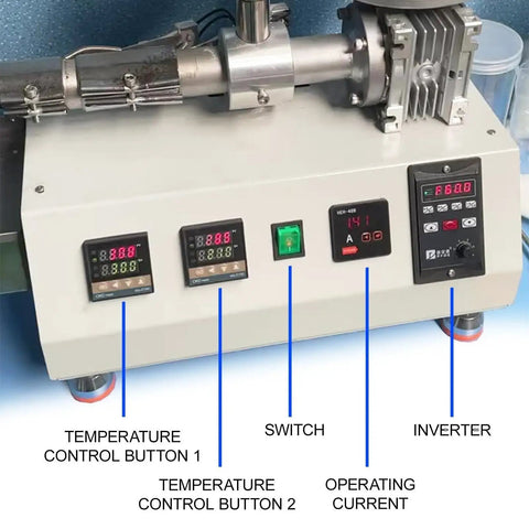 Control panel of single screw extruder with PID temperature control for reliable workshop setup. Transforms Plastic Pellets Into Premium Filament Fast Works Like A Champ.