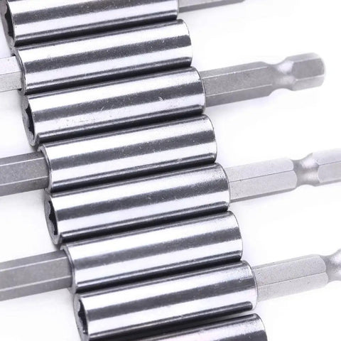 Magnetic Extension Socket Drill Bit Holder 1 Quarter Inch Hex Shank 10 Pack Heavy Duty Magnetic Bit Holder lined side by side.