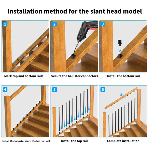 Installation steps for 120 Pack 26 Inch Square Aluminum Deck Balusters Black Metal Deck Spindles on wood stairs