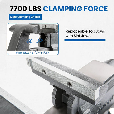 Close-up of Beefy 5.5 Inch Bench Vise with replaceable jaws, showcasing 7700 lbs clamping force, heavy-duty ductile iron build.