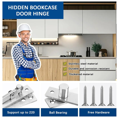 Heavy Duty Hidden Pivot Door Hinge For Wood Secret Doors, Easy Install Hardware Kit, Concealed Bookshelf Pivot Hinge, Strong Quiet Operation, Reliable Door Accessory For Hidden Entrances, stainless steel hinge and screws