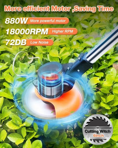 Cordless 21V Weed Eater With Dual 4Ah Batteries And Charger cutting through green leaves with orange brush cutter blade
