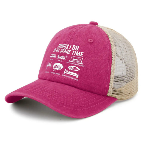 Funny Spare Time Humor RV Camper Sun Hat For Him Pink Running Cap with mesh back, adjustable strap, and humorous print.