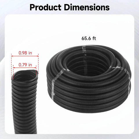 Heavy Duty Flexible Corrugated Conduit Sleeve No Sweat Installation Black Wire Tubing with dimensions 0.98in inner gap and 0.79in outer size.