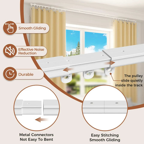 Heavy Duty Aluminum Curtain Track Set For Ceiling Or Wall Mount With Sliding Rail And Hooks, Adjustable 3ft To 9ft Length, Built To Handle Grommet Or Pleated Drape, RV Ceiling Track showing smooth glide and metal connectors