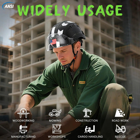 Heavy Duty Vented Safety Helmet With Clear Face Shield, ANSI Compliant Hard Hat For Job Sites, Tough As Nails Ratchet Suspension And Matte Black Finish used on a construction site.