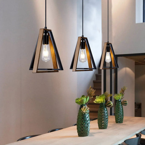 Farmhouse Pendant Light Kit Two Pack with Adjustable Hanging Lights for Kitchen Island Black and Wood Rustic Fixture for Dining Room Hallway Bar Porch Cafe No Fuss Easy Install, shown illuminating a modern dining area with elegant greenery.