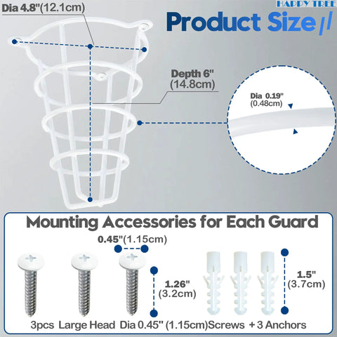 Dead Simple White Fire Sprinkler Head Guard Cover 2 Pack Fits 1/2 And 3/4 Inch Heads 6 Inch Deep Protective Cage with mounting accessories.