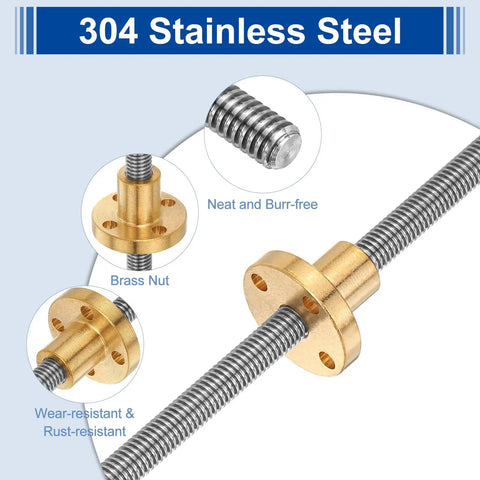 600mm Tr6x1 Lead Screw with Brass Nut for 3D Printer Upgrades, 304 Stainless Steel Rod, 1mm Pitch, rust-resistant design