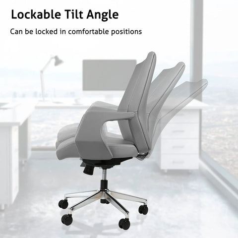 Kick Back All Day With This Legit Ergonomic Executive Office Chair Featuring Smooth Adjustable Reclining Lock Tilt Water Resistant Faux Leather Cushion Sturdy Aluminum Pedestal Base And Silent Rolling Wheels For Your Prime Home Office Setup In Cool Grey - Side view of chair with lockable tilt feature.