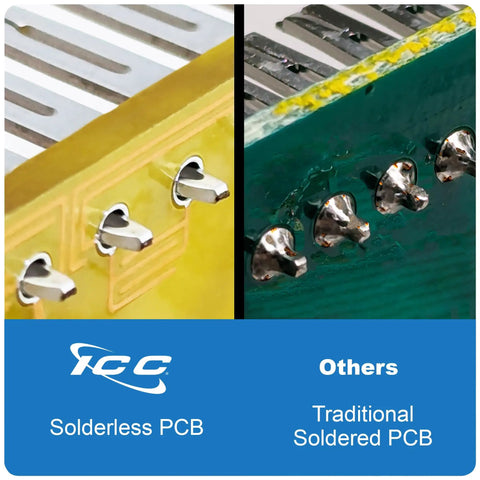 Comparison of Solderless PCB and Traditional Soldered PCB showing different terminal connections and design features.