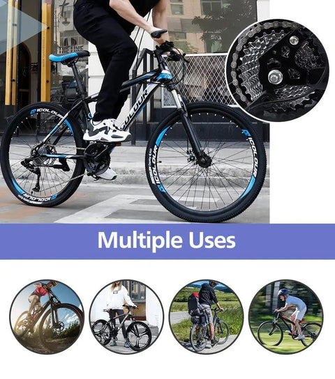 Cyclist on mountain bike with gear detail, promoting All In One Bike Chain Kit For 6 7 8 Speed Systems Multi Function Repair Set