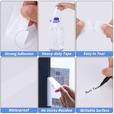 Close-up of Grab And Go Pocket Size Mini White Duct Tape Pack in use showing adhesion, tearing, and application on various surfaces.