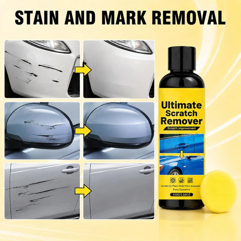 Pro Grade Scratch Eraser Paste That Buffs Out Gnarly Dings And Road Rash Fast While Sealing In A Hella Slick Hydrophobic Shield And Badass Mirror Finish For Everyday Rigs, showing before and after on car panels.