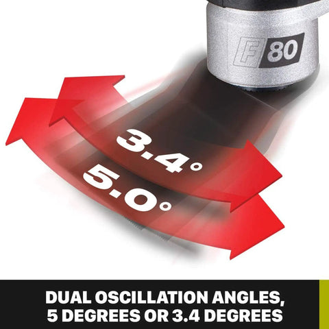 AW400 F80 Sonicrafter 4.2 Amp Oscillating Multi Tool showing dual oscillation angles of 5 degrees and 3.4 degrees in red arrows