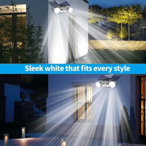 Beefed Up Outdoor Solar Security Lights 30 LED Dual Head Motion Sensor illuminating house exterior at night