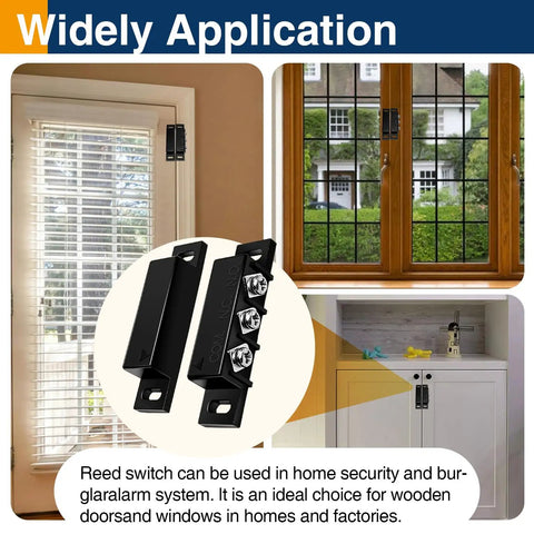 Two Pack Magnetic Reed Door Window Sensor NC And NO Modes Surface Mount Alarm Sensor Kit shown installed on windows and door
