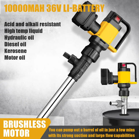 Heavy Duty 1000W Electric Drum Pump With 36V Rechargeable Battery for transferring diesel, kerosene, and water with touch control.