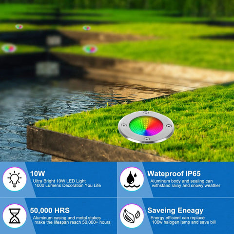 10W RGBW Landscape Lights for Outdoors Low Voltage 12-24V Well Lights In Ground Multicolor on grassy garden path by water, IP67 waterproof.