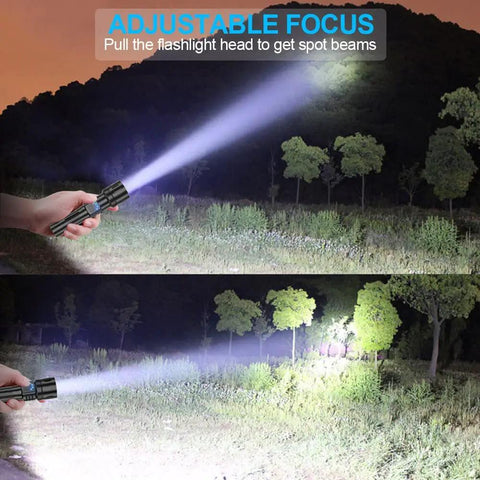 Person using Ultra Bright Tactical Flashlight With Zoomable Beam And Five Lighting Modes, IPX7 Waterproof Handheld Torch to illuminate trees.