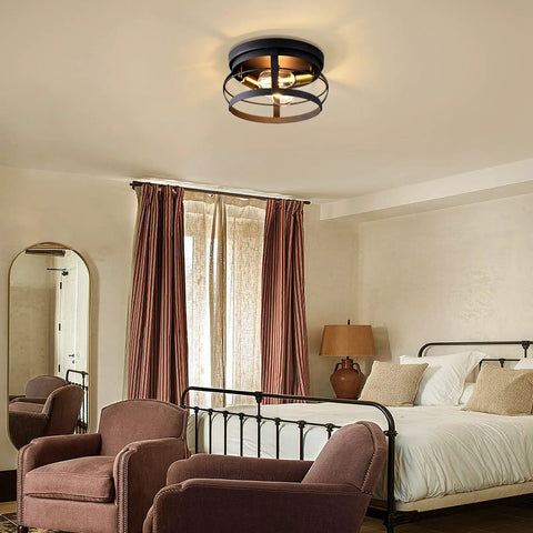 Cozy bedroom with 2-Light Farmhouse Flush Mount Ceiling Light in black finish, 11.4-inch rustic fixture with metal cage.