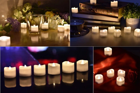 Flameless LED Tea Lights With Timer 6 Hours On 18 Hours Off Warm White 12 Pack Battery Included illuminating tables and shelves
