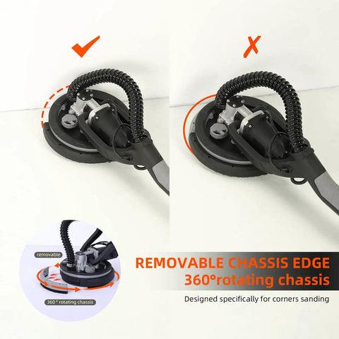 Drywall Sander With 750W Power, Seven Variable Speed Settings, removable chassis edge, 360° rotating for corner sanding.