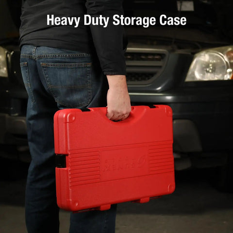 Person holding rugged case for 26-Piece Half Inch Drive Deep Impact Socket Set Metric 10mm To 36mm In Cr-Mo Alloy Steel Radius Corner Design