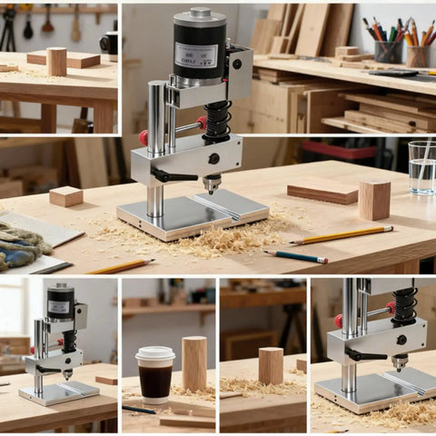 Compact Mini Bench Drill Press With Rectangular Base Silver Black on a workbench surrounded by wood blocks and tools.
