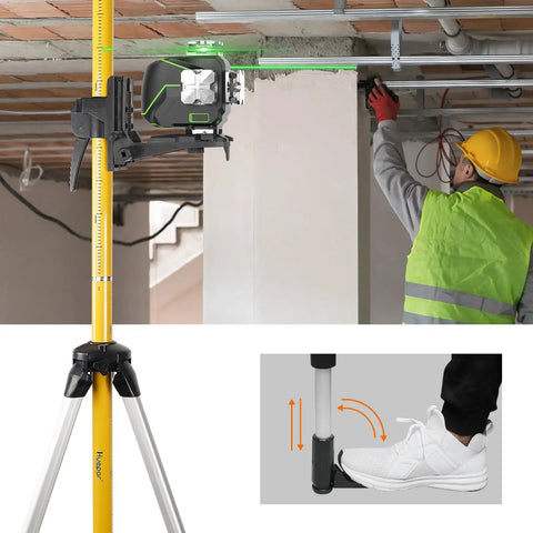 12 Foot Telescoping Pole For Laser Level Mounts On The Job Site With Adjustable Height For Rotary And Line Lasers Mounting One Quarter Inch By Twenty Inch Tripod Included Five Eighths Adapter Nut LP36, construction worker using tool