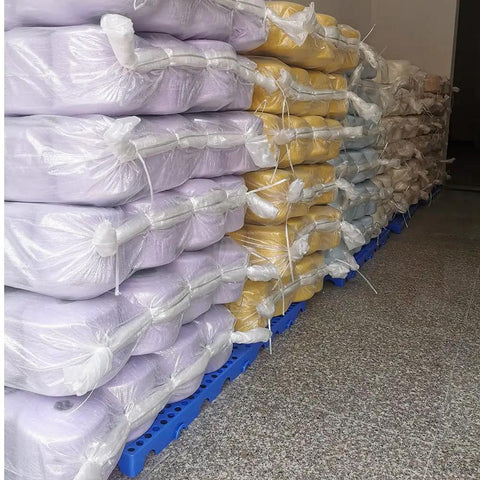 Moisture Proof Plastic Pallet For Garage And Basement Storage With Interlocking Modular Floor Tiles stacked with bags