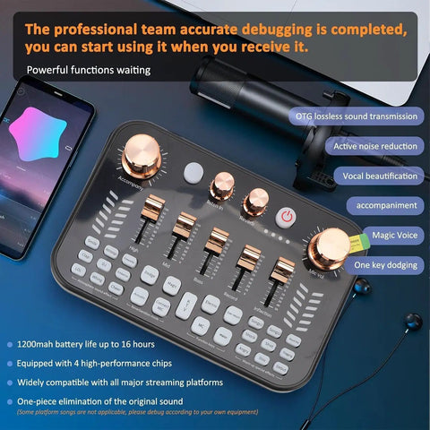 Top view of Pro Gaming Audio Mixer Sound Board with four gold knobs, five sliders, next to a smartphone and microphone.
