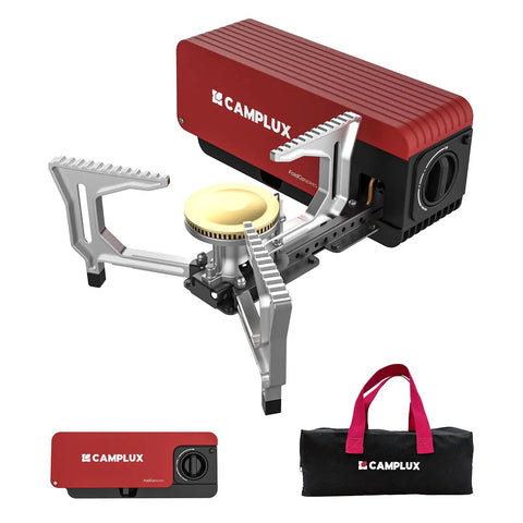 FoldGo Portable Butane Camping Stove With 7500 BTU Output Grab And Go Ready Foldable Cassette Stove With Carry Bag And Adjustable Burner CSA Certified Collapsible Stove For Outdoor Cooking Red; red stove with carry bag.