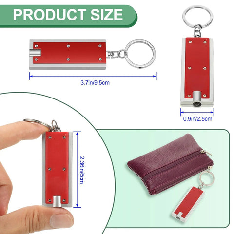 16 Pack Mini Keychain Flashlights, Ultra Bright LED Pocket Lights shown in red, size 3.7x0.9 inches, keychain attachment