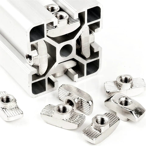 Cool 50 Pack Of Premium M5 T Nuts For 3030 Aluminum Profile Bars close-up of T nuts and aluminum profile, showing design and detail.