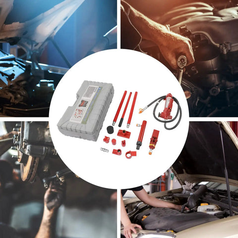 Heavy Duty Hydraulic Jack And Auto Body Frame Straightener Kit With Secure Carry Case, tools and attachments on workbench for vehicle repair.
