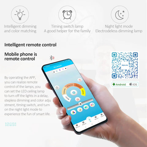 Smartphone app interface controlling 12 Heads LED Flush Mount Ceiling Light Fixture With Dimmable Chandelier Style Remote And App Control.