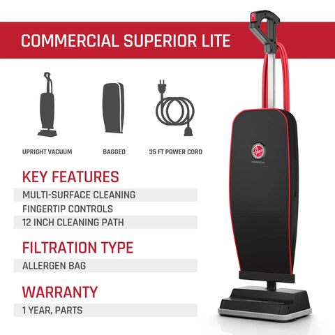 Hoover Commercial Superior Lite Upright Vacuum Cleaner Lightweight at Nine Pounds With Forty Foot Cord for multi-surface cleaning.