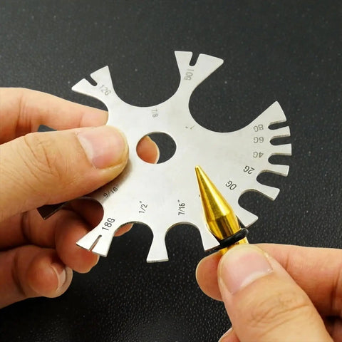 Dead On Piercing Gauge Measuring Tool Stainless Steel Body Jewelry Sizer Wheel showing sizes from 18G to 0G with a nose ring.