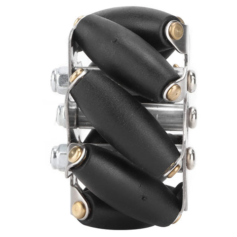 Close-up of 48mm Mecanum wheel with eight rollers for robot car chassis, perfect for DIY projects and omni-directional movement.