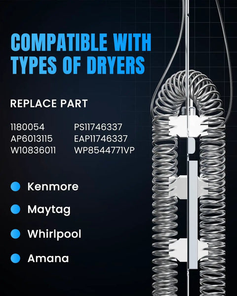 Premium 8544771 Dryer Heating Element Replacement for Whirlpool Kenmore Maytag with nickel-chromium coils and compatible part numbers.