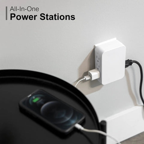 Six Outlet Surge Protector Wall Tap Extender with Side Access Design for Tight Spots, 1200 Joules, plugged into wall