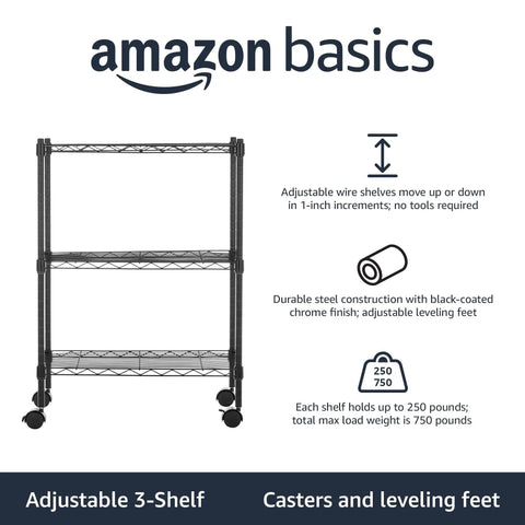 Heavy Duty Three Shelf Metal Wire Storage Shelving Unit With Smooth Ride Casters And Adjustable Racks For Garage Organization, front view