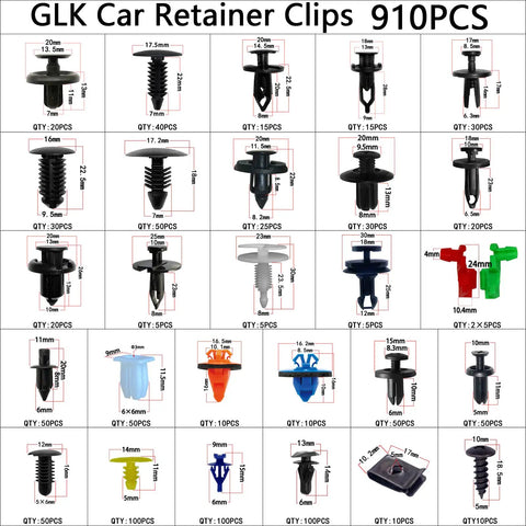 Assortment of 910 Piece Car Push Retainer Clips Plastic Fasteners Kit with measurements for various car parts.