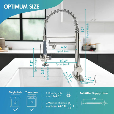 Dimensions diagram of Pull Down Sprayer Kitchen Faucet With Single Handle And Two Independent Nozzles, Brushed Nickel Finish.